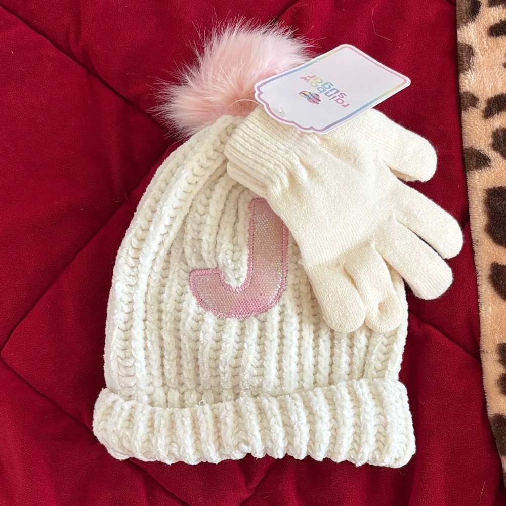 Cream Beanie and Pink Pom-Pom Gloves Set